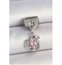 316L Çelik Gümüş Renk Pembe Zirkon Taşlı Kalpli Gül Model Nomination Charm - TJ-BC1335