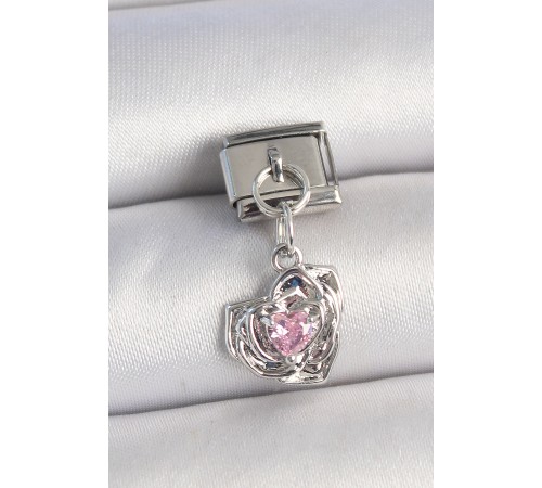316L Çelik Gümüş Renk Pembe Zirkon Taşlı Kalpli Gül Model Nomination Charm - TJ-BC1335