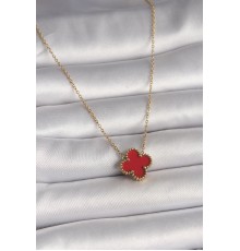 316L Çelik Gold Renk Kırmızı Yonca Model Kadın Kolye - TJ-BKO10015