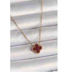 316L Çelik Gold Renk Bordo Yonca Model Kadın Kolye - TJ-BKO10018