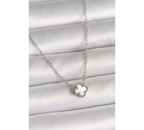 316L Çelik Gümüş Renk Beyaz Yonca Model Kadın Kolye - TJ-BKO10020