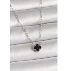 316L Çelik Gümüş Renk Siyah Yonca Model Kadın Kolye - TJ-BKO10022