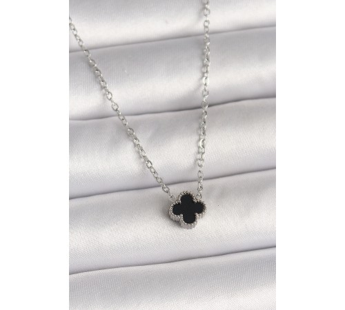 316L Çelik Gümüş Renk Siyah Yonca Model Kadın Kolye - TJ-BKO10022