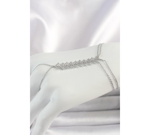 Pirinç Gümüş Renk Zirkon Taşlı V Model Kadın Şahmeran - TJ-SN630