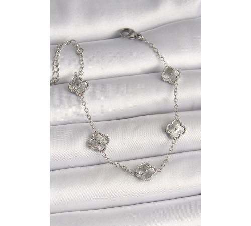 316L Çelik Gümüş Renk İşlemeli Yonca Model Kadın Bileklik - TJ-BB6927