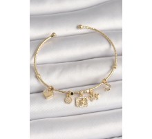Pirinç Gold Renk Sallantı Zirkon Taşlı Ayıcık Figür Taç Detay Charm Kadın Bileklik - TJ-BB6928