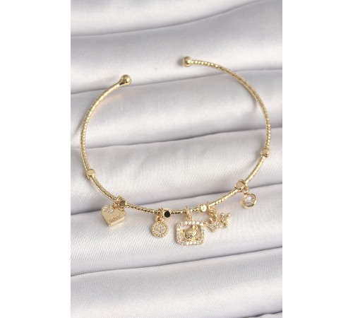 Pirinç Gold Renk Sallantı Zirkon Taşlı Ayıcık Figür Taç Detay Charm Kadın Bileklik - TJ-BB6928