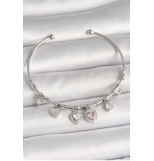 Pirinç Gümüş Renk Sallantı Pembe Zirkon Taşlı Kalp Model Charm Kadın Bileklik - TJ-BB6929