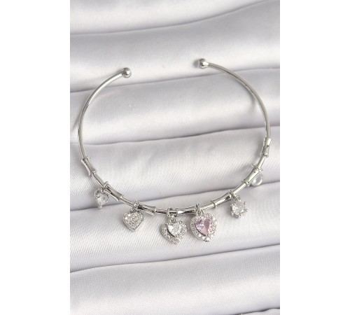 Pirinç Gümüş Renk Sallantı Pembe Zirkon Taşlı Kalp Model Charm Kadın Bileklik - TJ-BB6929