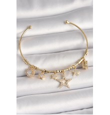 Pirinç Gold Renk Sallantı Zirkon Taşlı Yıldız Model Kalp Detay Charm Kadın Bileklik - TJ-BB6930