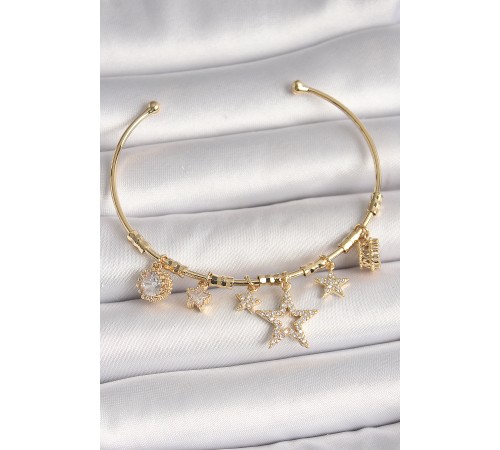 Pirinç Gold Renk Sallantı Zirkon Taşlı Yıldız Model Kalp Detay Charm Kadın Bileklik - TJ-BB6930