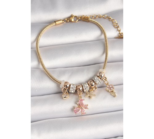 Pirinç Gold Renk Sallantı Pembe Zirkon Taşlı Figür Çiçek Detay Charm Kadın Bileklik - TJ-BB6932