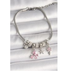 Pirinç Gümüş Renk Sallantı Pembe Zirkon Taşlı Figür Çiçek Detay Charm Kadın Bileklik - TJ-BB6933