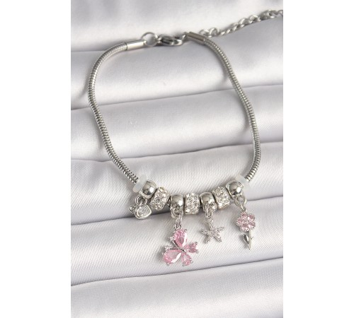 Pirinç Gümüş Renk Sallantı Pembe Zirkon Taşlı Figür Çiçek Detay Charm Kadın Bileklik - TJ-BB6933