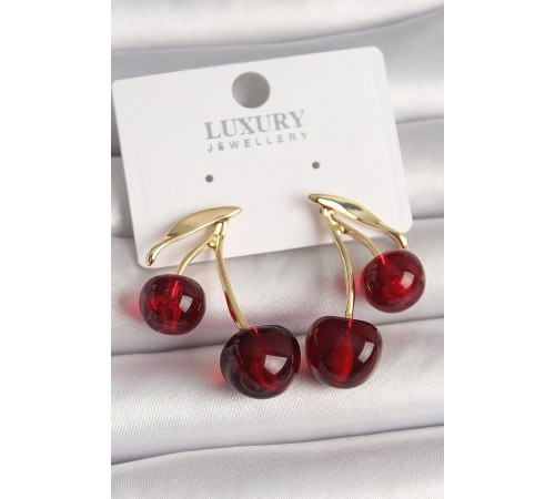 Pirinç Gold Renk Kırmızı Kiraz Model Kadın Küpe - TJ-BKP10460