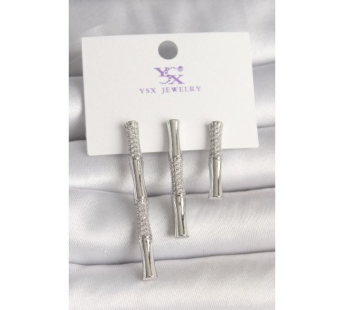 Pirinç Gümüş Renk Zirkon Taşlı Bambu Model 3'Lü Kadın Kombin Küpe - TJ-BKP10462