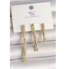 Pirinç Gold Renk Zirkon Taşlı Bambu Model 3'Lü Kadın Kombin Küpe - TJ-BKP10463