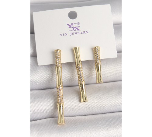 Pirinç Gold Renk Zirkon Taşlı Bambu Model 3'Lü Kadın Kombin Küpe - TJ-BKP10463