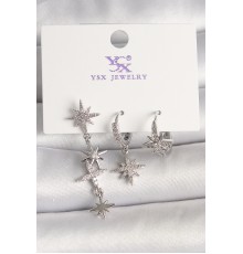 Pirinç Gümüş Ren Sallantı Zirkon Taşlı Kutup Yıldız Model 3'Lü Kadın Kombin Küpe - TJ-BKP10464