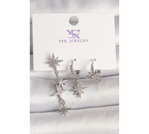 Pirinç Gümüş Ren Sallantı Zirkon Taşlı Kutup Yıldız Model 3'Lü Kadın Kombin Küpe - TJ-BKP10464