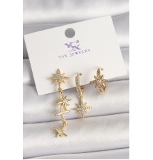 Pirinç Gold Renk Sallantı Zirkon Taşlı Zirkon Taşlı Kutup Yıldız Model 3'Lü Kadın Kombin Küpe - TJ-BKP10465