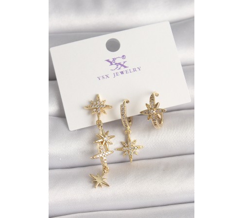 Pirinç Gold Renk Sallantı Zirkon Taşlı Zirkon Taşlı Kutup Yıldız Model 3'Lü Kadın Kombin Küpe - TJ-BKP10465
