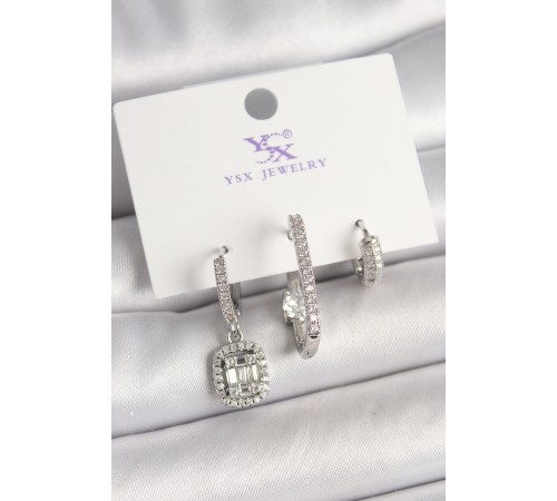 Pirinç Gümüş Renk Zirkon Taşlı Baget Halka Model 3'Lü Kadın Kombin Küpe - TJ-BKP10466