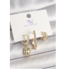 Pirinç Gold Renk Zirkon Taşlı Baget Halka Model 3'Lü Kadın Kombin Küpe - TJ-BKP10467