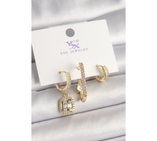 Pirinç Gold Renk Zirkon Taşlı Baget Halka Model 3'Lü Kadın Kombin Küpe - TJ-BKP10467