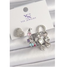 Pirinç Gümüş Renk Zirkon Taşlı Kalp Figür Renkli Taş Detay 3'Lü Kadın Kombin Küpe - TJ-BKP10468