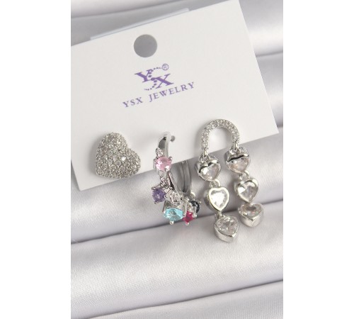 Pirinç Gümüş Renk Zirkon Taşlı Kalp Figür Renkli Taş Detay 3'Lü Kadın Kombin Küpe - TJ-BKP10468