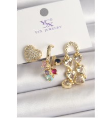 Pirinç Gold Renk Sallantı Zirkon Taşlı Kalp Model 3'Lü Kadın Kombin Küpe - TJ-BKP10469