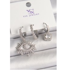 Pirinç Gümüş Renk Sallantı Zirkon Taşlı Göz Model 3'Lü Kadın Kombin Küpe - TJ-BKP10470