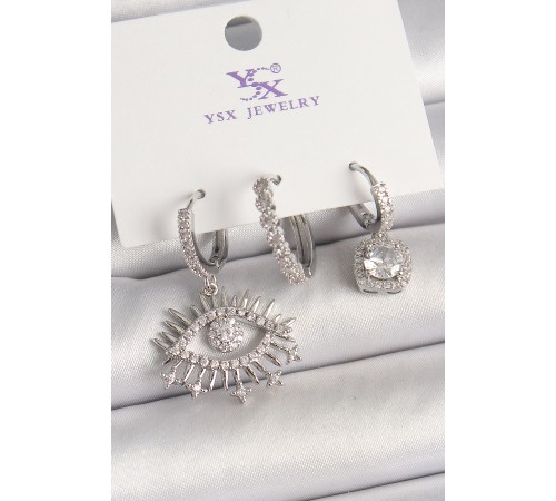 Pirinç Gümüş Renk Sallantı Zirkon Taşlı Göz Model 3'Lü Kadın Kombin Küpe - TJ-BKP10470