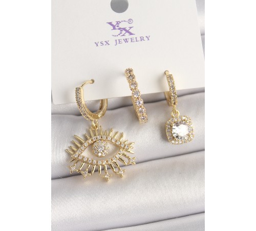 Pirinç Gold Renk Sallantı Zirkon Taşlı Göz Model 3'Lü Kadın Kombin Küpe - TJ-BKP10471