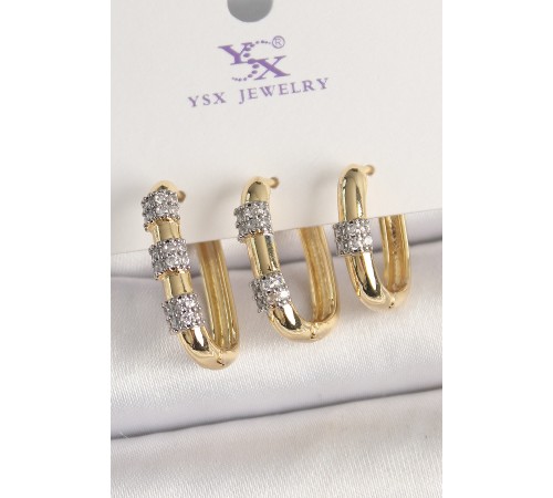 Pirinç Gold Renk 3'Lü Halka Model Gümüş Zirkon Taş Detaylı Kadın Kombin Küpe - TJ-BKP10472