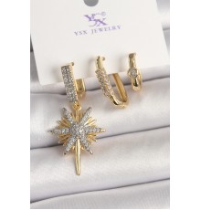 Pirinç Gold Renk Sallantı Zirkon Taşlı Kutup Yıldız Model 3'Lü Kadın Kombin Küpe - TJ-BKP10473
