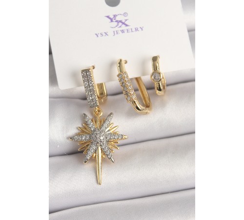 Pirinç Gold Renk Sallantı Zirkon Taşlı Kutup Yıldız Model 3'Lü Kadın Kombin Küpe - TJ-BKP10473