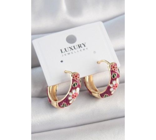 Pirinç Gold Renk Halka Mor Çiçek Mineli Kadın Küpe - TJ-BKP10474