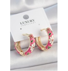 Pirinç Gold Renk Halka Model Pembe Çiçek İşlemeli Kadın Küpe - TJ-BKP10476