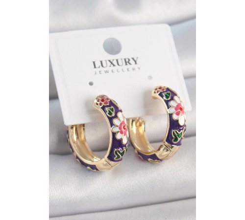 Pirinç Gold Renk Halka Model Mor Çiçek Mineli Kadın Küpe - TJ-BKP10477