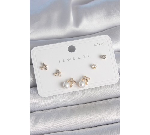 Pirinç Gold Renk Zirkon Taşlı Model İnci Detay 925 Ayar Gümüş Çivi Kadın Küpe Seti - TJ-BKP10478