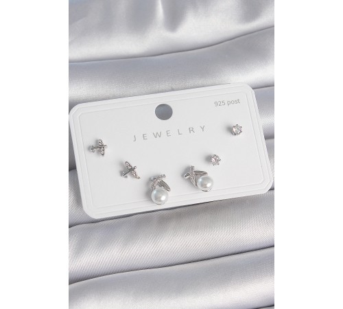 Pirinç Gümüş Renk Zirkon Taşlı Model İnci Detay 925 Ayar Gümüş Çivi Kadın Küpe Seti - TJ-BKP10479