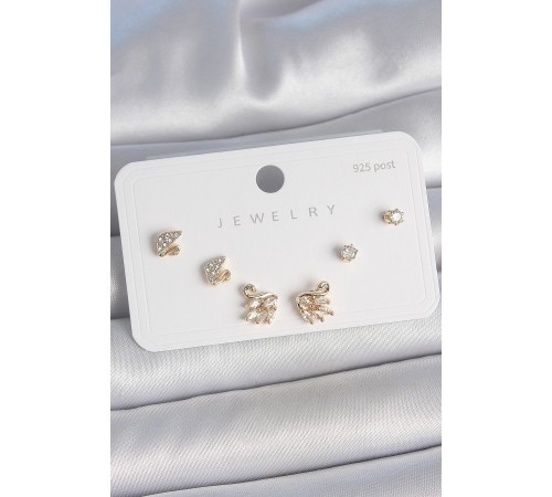 Pirinç Gold Renk Zirkon Taşlı Kuğu Model 925 Ayar Gümüş Çivi Kadın Küpe Seti - TJ-BKP10480