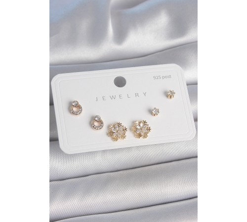 Pirinç Gold Renk Zirkon Taşlı Kar Tanesi Model 925 Ayar Gümüş Çivi Kadın Küpe Seti - TJ-BKP10482