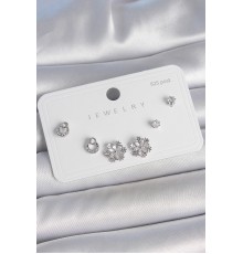 Pirinç Gümüş Renk Zirkon Taşlı Kar Tanesi Model 925 Ayar Gümüş Çivi Kadın Küpe Seti - TJ-BKP10483