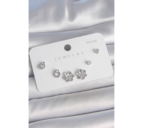 Pirinç Gümüş Renk Zirkon Taşlı Kar Tanesi Model 925 Ayar Gümüş Çivi Kadın Küpe Seti - TJ-BKP10483