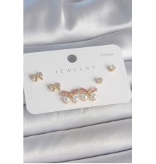 Pirinç Gold Renk Pembe Zirkon Taşlı Fiyonk Model İnci Detay 925 Ayar Gümüş Çivi Kadın Küpe Seti - TJ-BKP10484