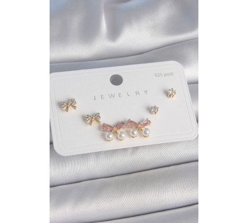 Pirinç Gold Renk Pembe Zirkon Taşlı Fiyonk Model İnci Detay 925 Ayar Gümüş Çivi Kadın Küpe Seti - TJ-BKP10484