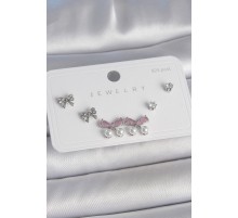 Pirinç Gümüş Renk Pembe Zirkon Taşlı Kurdele Model İnci Detay 925 Ayar Gümüş Çivi Kadın Küpe Seti - TJ-BKP10485